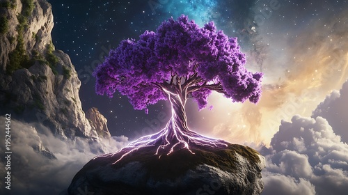 Majestic lightning tree illuminating cosmic landscape fantasy realm digital art ethereal environment aerial view surreal concept