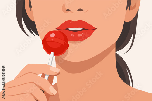Woman's face with red lips sucking a sweet cherry lollipop. Pop art style illustration focusing on beauty and candy