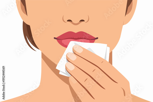 Woman wiping mouth with a tissue, practicing hygiene and daily self care for cleanliness and skin wellness