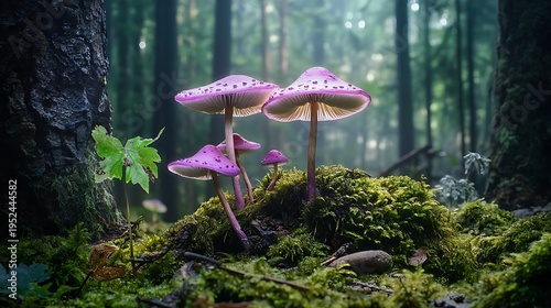 Vibrant pink mushrooms growing on mossy ground enchanted forest nature photography tranquil environment close-up view fungal diversity