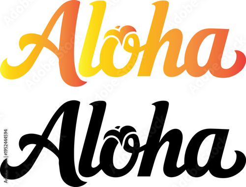 Aloha hand lettering typography set, Hawaiian greeting text in black and sunset gradient colours