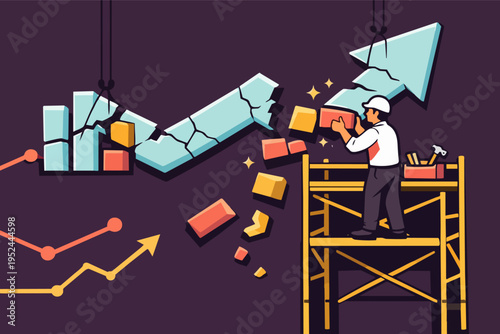 Building business growth: worker reconstructing a broken up arrow chart with bricks from temporary scaffolding
