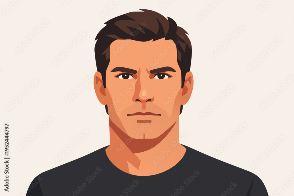 Obraz premium Young man serious expression vector portrait, avatar for user profile with strong masculinity concept