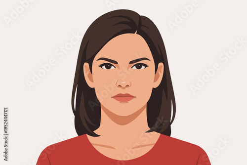 Woman face vector illustration with serious expression, female avatar in minimalist brown hair design