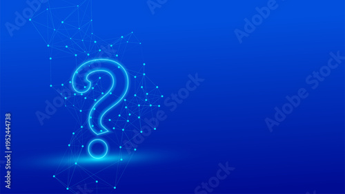 A luminous blue neon question mark emerges from a dark blue background, connected by a futuristic digital network of glowing dots and lines. This techinspired design symbolizes inquiry.