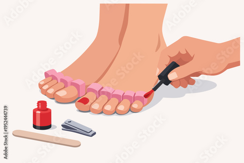 Woman performing self-care, applying red nail polish on nails, using toe separators. Nail file and clipper nearby