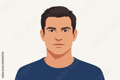 Young man's headshot illustration, depicting an adult male with short dark hair and a dark blue shirt
