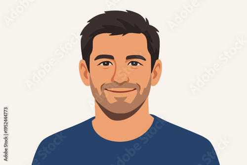 Smiling young man headshot in flat design style, professional male avatar character expressing happiness