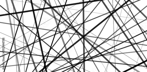 Abstract black and grey lines crossing and overlapping on a white background, creating a complex, dynamic, and modern geometric pattern for design projects.