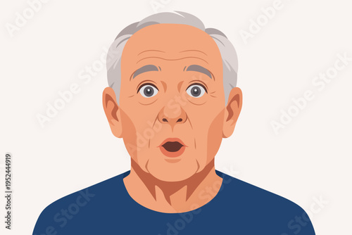 Senior man expressing surprise and shock, featuring wide eyes and an open mouth on an isolated background