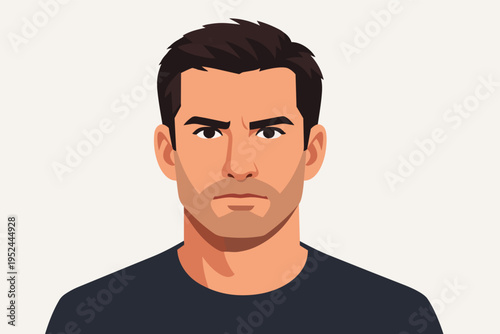 Young man serious expression avatar illustration representing stern masculine corporate client or business user