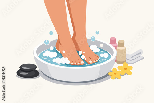 Woman soaking feet in a spa bowl with water and bubbles, enjoying a relaxing pedicure and foot care treatment