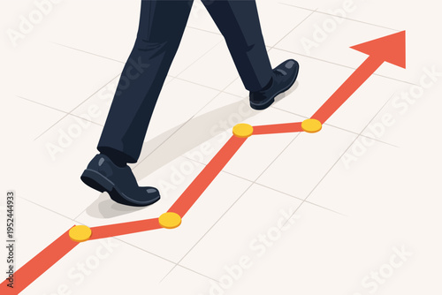 Businessman stepping along growth chart line towards rising arrow, symbolizing career success and financial progress