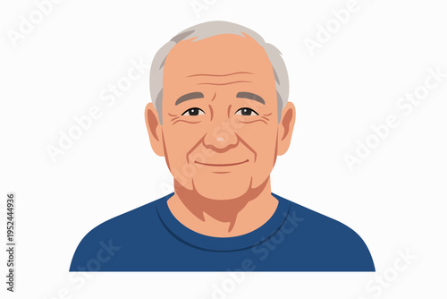 Smiling senior man avatar illustration showing wrinkles and gray hair representing aging and wellness