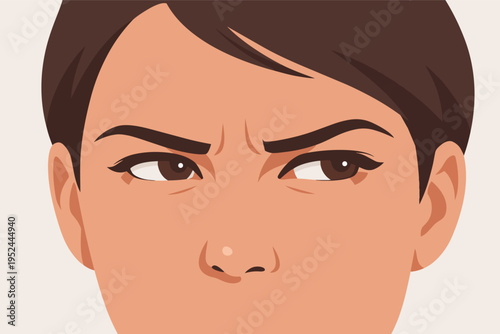 Woman expressing suspicion, frustration, and disapproval with a frowning face and narrowed eyes looking sideways