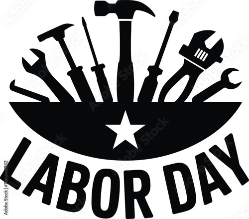 Labor day badge featuring collection of various hand tools isolated on transparent grid background