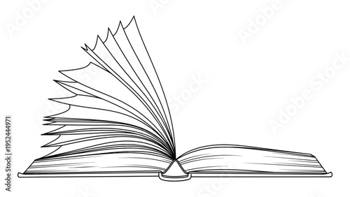 An open book with pages fanned out depicted in a simple black and white sketch