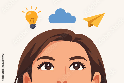 Woman generating new ideas, thinking, imagining, and creating with a lightbulb, cloud, and paper airplane