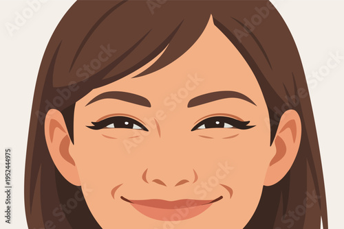 Happy woman smiling, showing contentment and joy. Flat design illustration of a cheerful face with brown hair
