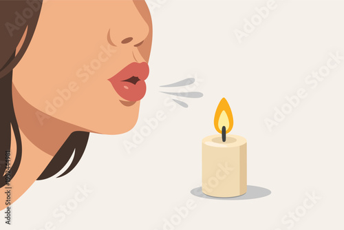 Woman blowing out candle flame, celebrating birthday, making wish, feeling happy during moment of celebration