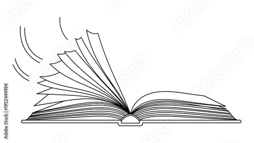 An open book with pages turning depicted in a simple black and white line drawing
