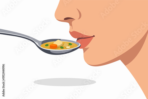 Profile view of person tasting hot nourishing soup from a spoon, enjoying warm homemade vegetable broth for wellness and comfort