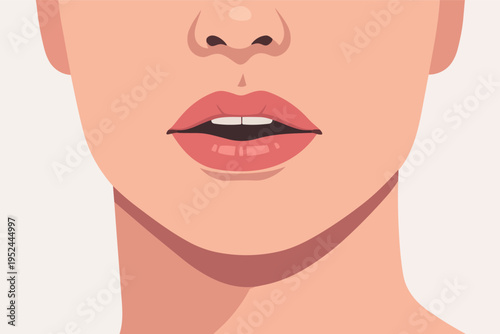 Female mouth and nose close-up presenting beauty, health, and cosmetic care concepts with open lips showing teeth