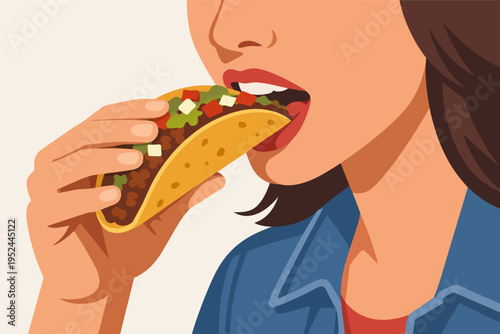 Woman eating a flavorful taco, enjoying mexican street food snack in a vibrant pop art style illustration