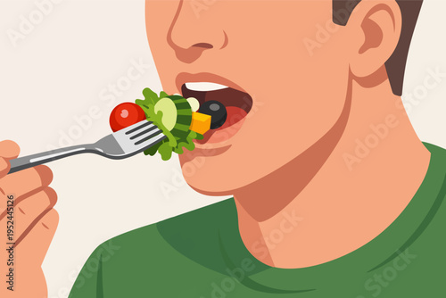 Man eating fresh mixed salad, embracing healthy lifestyle and vegetarian diet for wellness