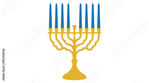 Golden hanukkah menorah with blue candles flat vector illustration icon