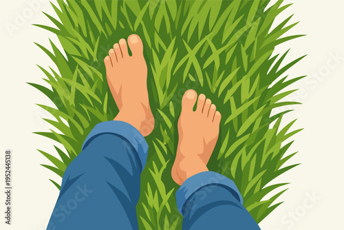 Barefoot feet walking on fresh green grass, wearing rolled-up jeans. Representing nature connection, relaxation, and wellness