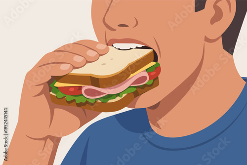 Person eating sandwich with ham, cheese, and vegetables, enjoying lunch or a quick snack, solving hunger