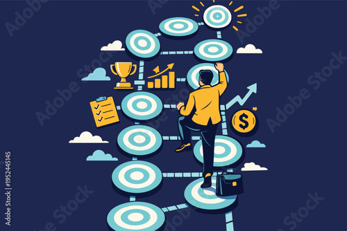 Businessman climbing a path of targets leading to a top goal, representing career progress and ambition