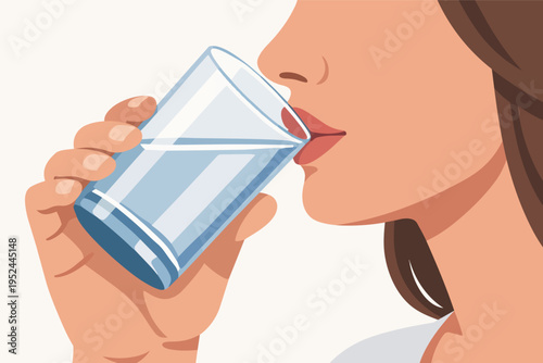 Woman drinking water from glass, staying hydrated, refreshing healthy lifestyle habit for wellness and body