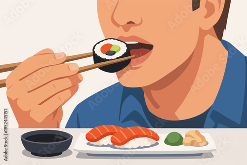 Man enjoying japanese sushi, eating maki roll with chopsticks, served with nigiri, soy sauce, wasabi, and ginger