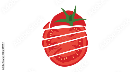 Sliced fresh red tomato with green stem flat vector illustration design