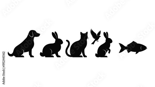 Black silhouettes of a dog rabbits cat birds and a fish in a row