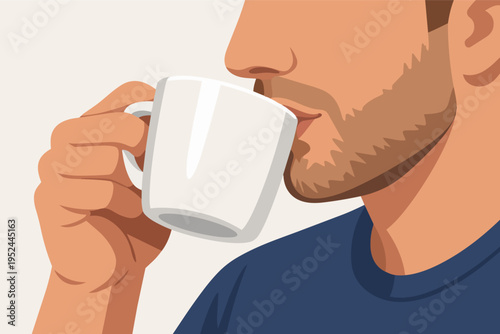 Man drinking hot coffee from a ceramic mug, enjoying a morning refreshment. Refreshment, awakening, and daily ritual concept