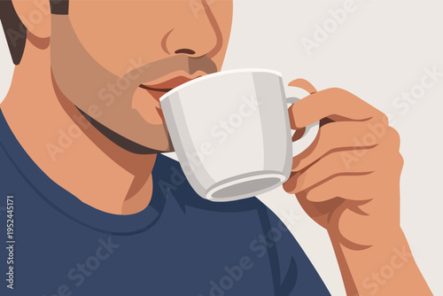 Person drinking a hot beverage from a white mug, enjoying a refreshing morning coffee or tea break