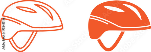 Two orange and white bicycle helmets side by side
