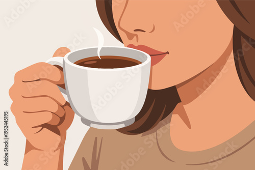 Woman enjoying a hot beverage, drinking coffee or tea from a cup, relaxing during a morning routine