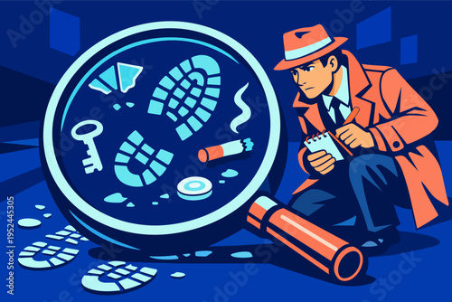 Detective examining clues at a crime scene, investigating a mystery with a magnifying glass