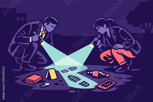 Detectives investigating crime scene, colleagues cooperatively searching for evidence at night with flashlights