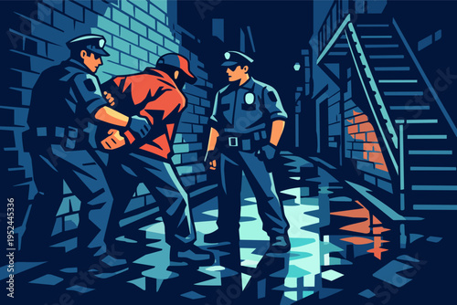 Police officers apprehending a suspect at night, enforcing the law in a dark urban alleyway after a crime