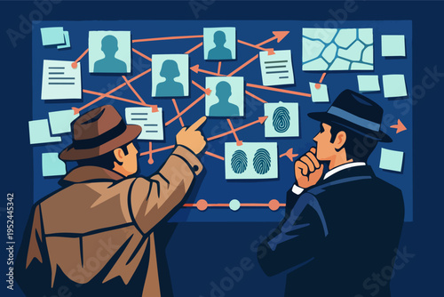 Private investigators analyzing evidence board, collaborating on criminal case, solving mystery, connecting clues, developing strategy
