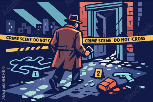 Detective investigating a mysterious crime scene at night, gathering forensic evidence and clues