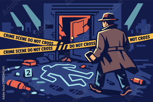 Detective investigating a mysterious crime scene with police tape, chalk outline, and broken door