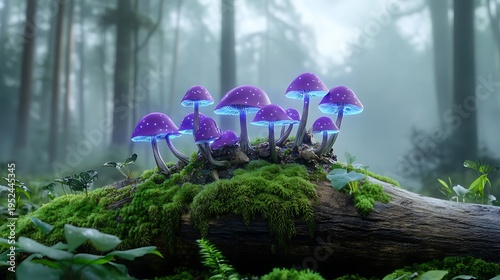 Enchanting luminescent mushrooms in a misty forest scene nature photography ethereal environment
