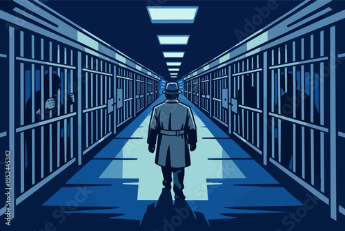 Detective investigating a long, dark prison hallway, with inmates visible behind cell bars, exploring incarceration and law enforcement