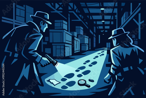 Detectives investigating crime scene in a dark warehouse, following footprints and searching for clues with a flashlight